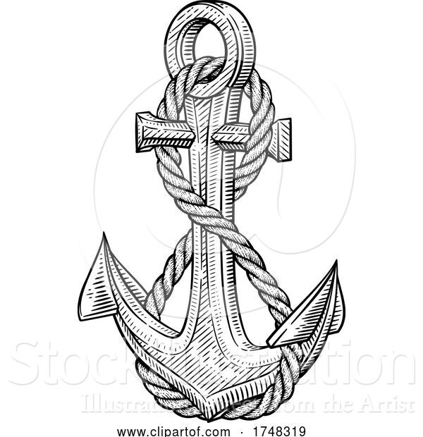 Vector Illustration of Ship Anchor and Rope Nautical Illustration Woodcut