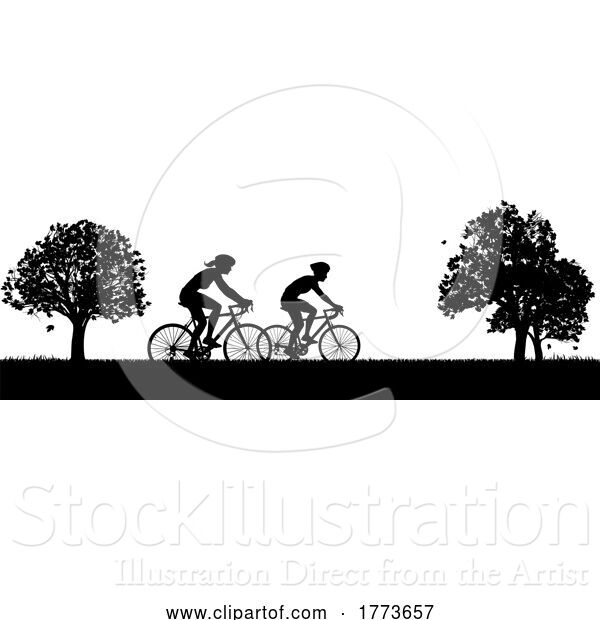 Vector Illustration of Silhouette Cyclist People on Bicycle Bikes in Park