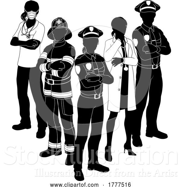 Vector Illustration of Silhouette Emergency Services Worker Team People