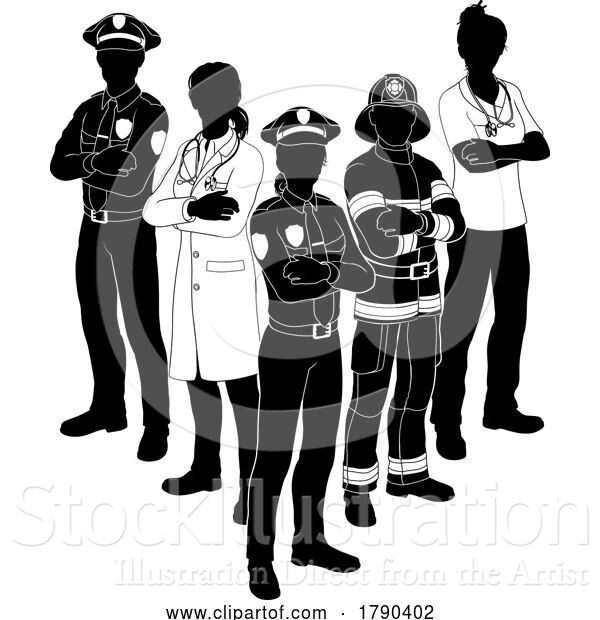 Vector Illustration of Silhouette Emergency Services Worker Team People