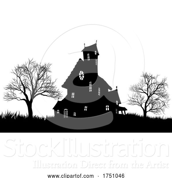 Vector Illustration of Silhouette Haunted Halloween House Spooky Trees