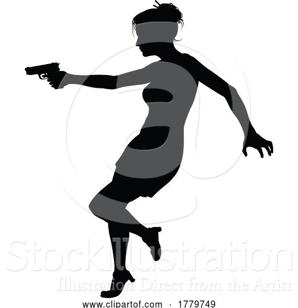 Vector Illustration of Silhouette Lady Female Movie Action Hero with Gun