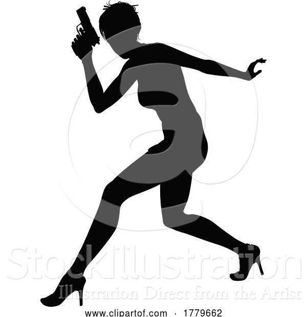 Vector Illustration of Silhouette Lady Female Movie Action Hero with Gun