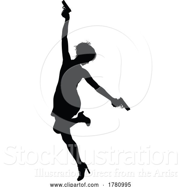 Vector Illustration of Silhouette Lady Female Movie Action Hero with Gun
