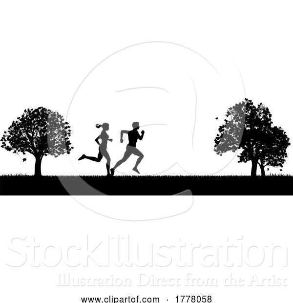 Vector Illustration of Silhouette Runners Jogging or Running in the Park