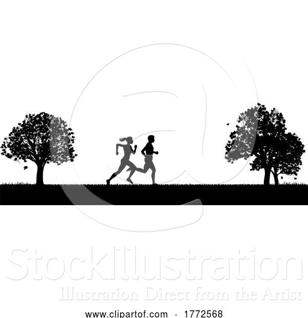 Vector Illustration of Silhouette Runners or Joggers Running in the Park