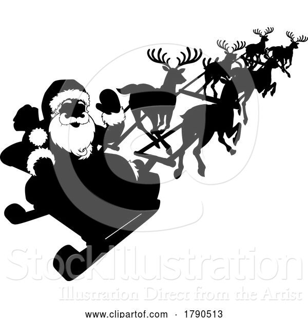 Vector Illustration of Silhouette Santa Claus Reindeer Christmas Sleigh