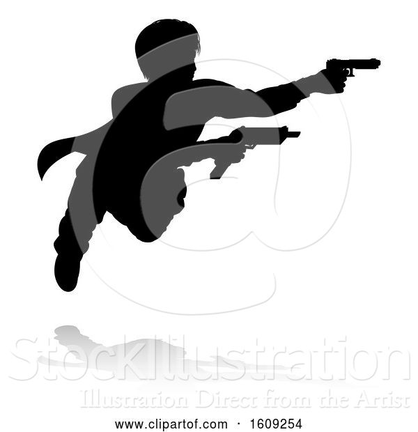 Vector Illustration of Silhouetted Actor or Action Hero Shooting, with a Reflection or Shadow, on a White Background