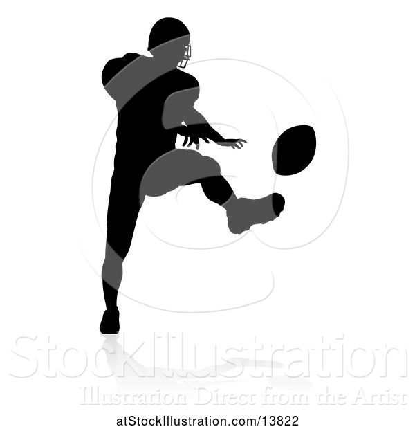 Vector Illustration of Silhouetted American Football Player Kicking a Ball, with a Reflection or Shadow