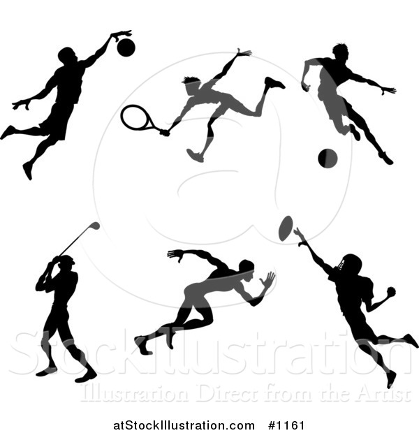 Vector Illustration of Silhouetted Athletes Playing Basketball, Tennis, Soccer, Golf, Running and American Football