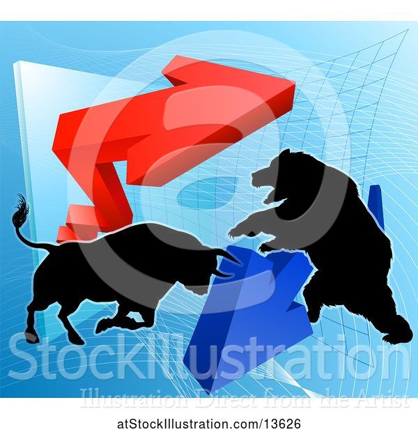 Vector Illustration of Silhouetted Bear Vs Bull Stock Market Design with Arrows over a Graph