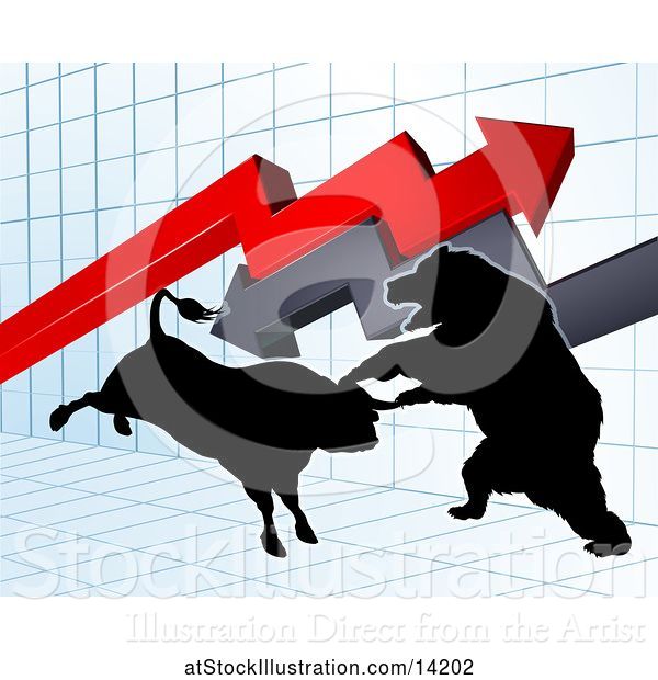 Vector Illustration of Silhouetted Bear Vs Bull Stock Market Design with Arrows over a Graph