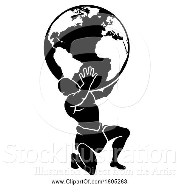 Vector Illustration of Silhouetted Black and White Atlas Titan Guy Carrying a Globe