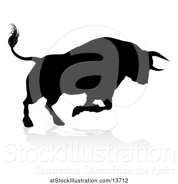 Vector Illustration of Silhouetted Black Bull Charging, with a Shadow on a White Background