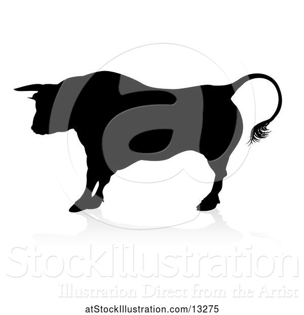 Vector Illustration of Silhouetted Black Bull, with a Shadow on a White Background