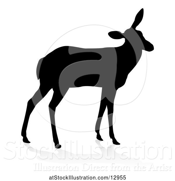Vector Illustration of Silhouetted Black Silhouetted Deer Doe, with a Shadow or Reflection, on a White Background