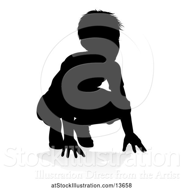 Vector Illustration of Silhouetted Boy Crouching with a Reflection or Shadow, on a White Background