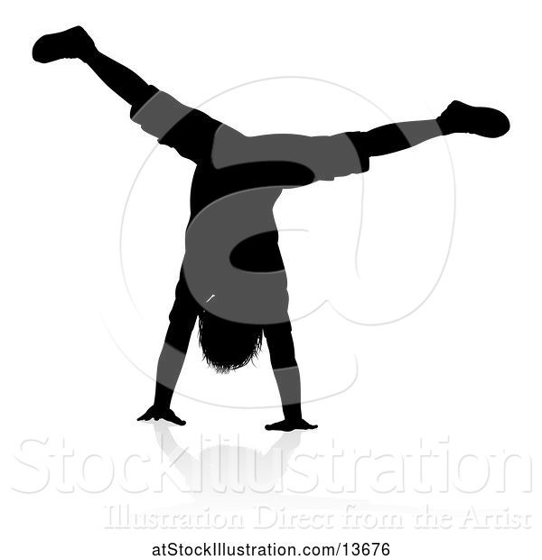 Vector Illustration of Silhouetted Boy Doing a Hand Stand with a Reflection or Shadow, on a White Background
