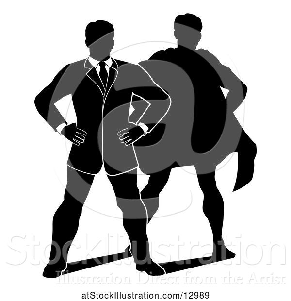 Vector Illustration of Silhouetted Business Man Standing with Folded Arms and a Super Hero Shadow