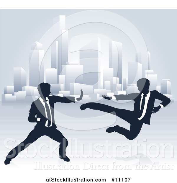 Vector Illustration of Silhouetted Business Men Kung Fu Fighting over a City