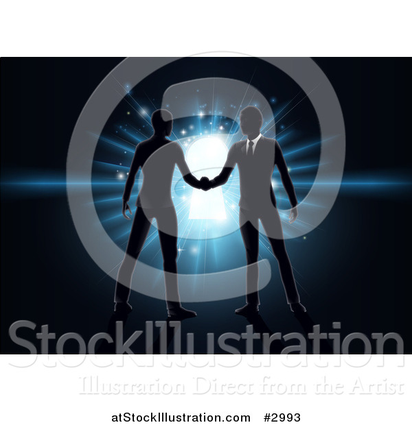 Vector Illustration of Silhouetted Business Men Shaking Hands over a Glowing Blue Key Hole on Black