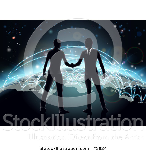 Vector Illustration of Silhouetted Businessmen Shaking Hands on Earth with Blue Glowing Routes