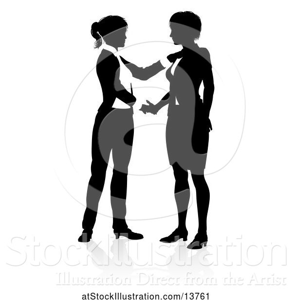 Vector Illustration of Silhouetted Businesswomen Shaking Hands, with a Shadow on a White Background