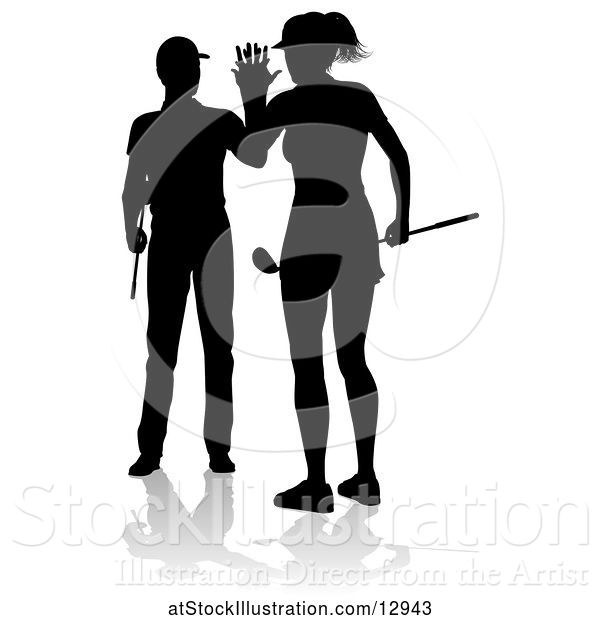 Vector Illustration of Silhouetted Couple Golfing, with a Reflection or Shadow, on a White Background