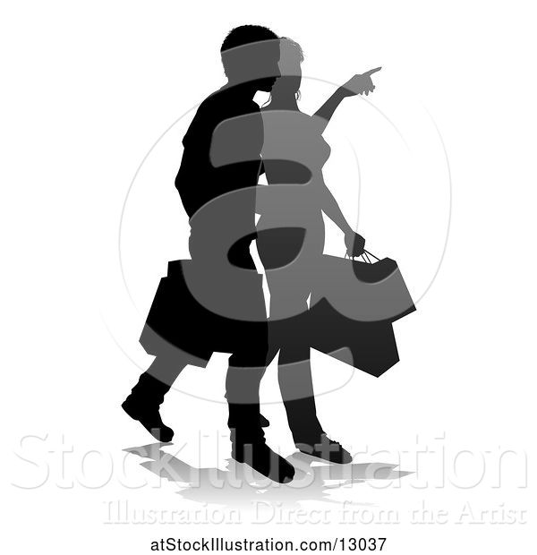 Vector Illustration of Silhouetted Couple Shopping, with a Reflection or Shadow, on a White Background