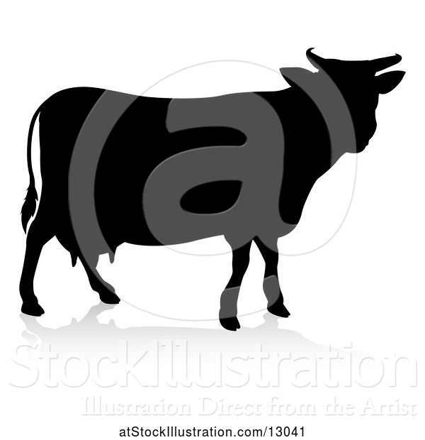 Vector Illustration of Silhouetted Cow, with a Reflection or Shadow, on a White Background