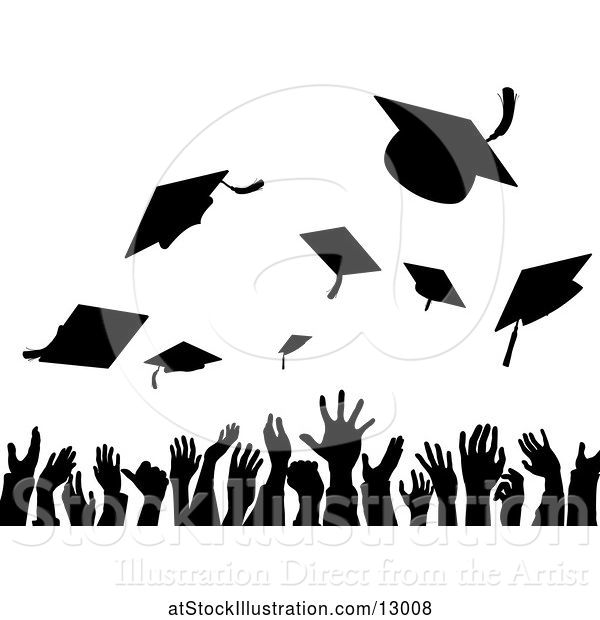 Vector Illustration of Silhouetted Crowd of Graduate Hands Throwing Their Graduation Caps