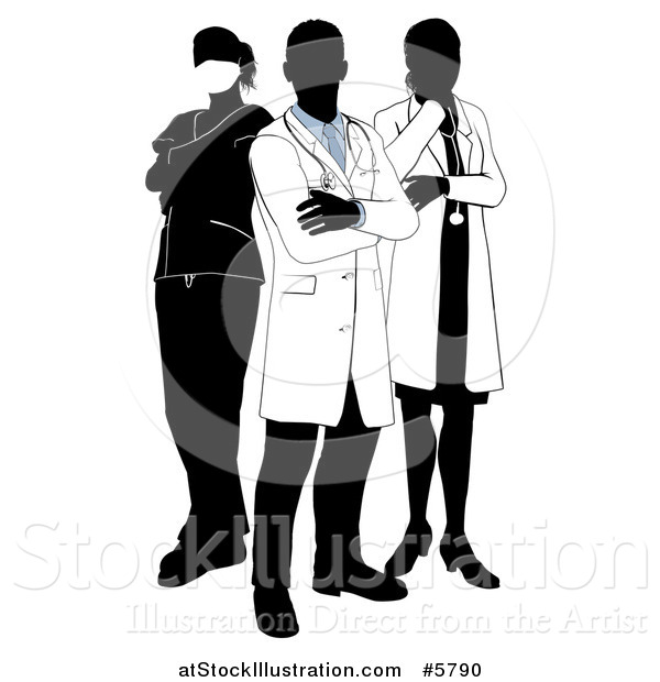 Vector Illustration of Silhouetted Doctors and Surgeons with Foled Arms