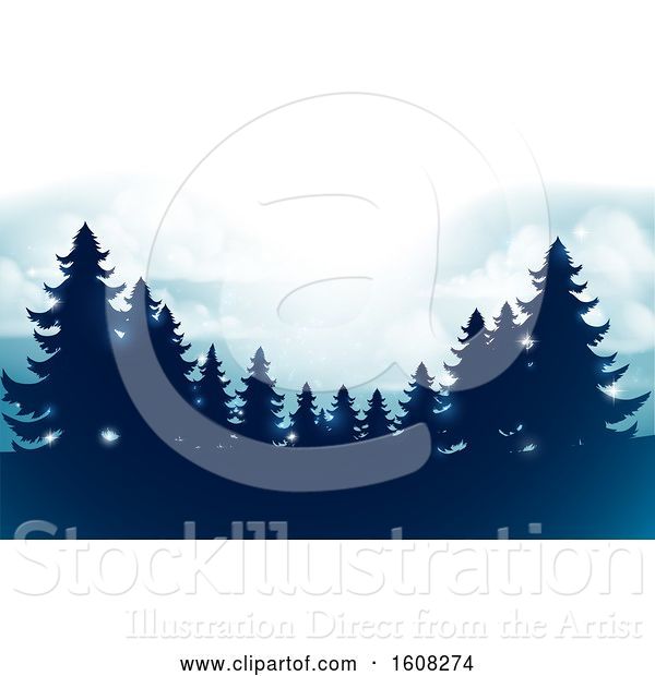 Vector Illustration of Silhouetted Evergreen Trees Under a Winter Sky