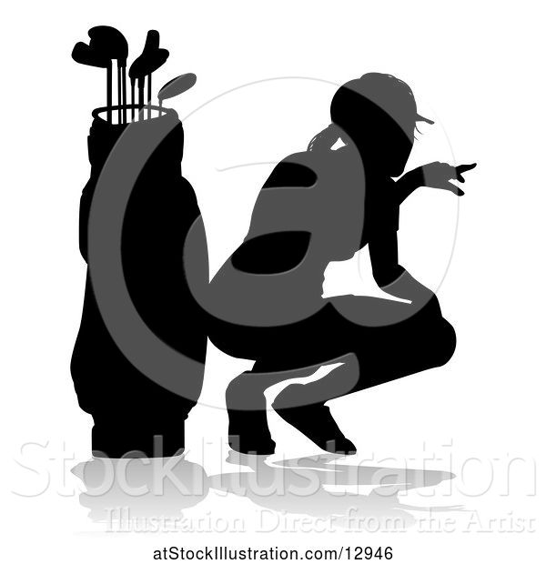 Vector Illustration of Silhouetted Female Golfer, with a Reflection or Shadow, on a White Background