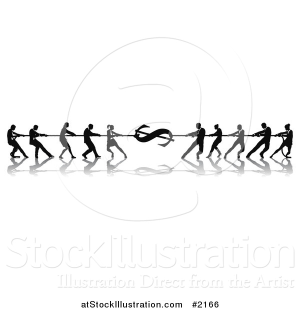 Vector Illustration of Silhouetted Financial Tug of War Business Teams and Dollar Symbol