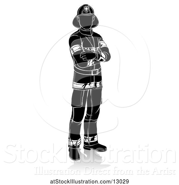 Vector Illustration of Silhouetted Firefighter, with a Reflection or Shadow, on a White Background