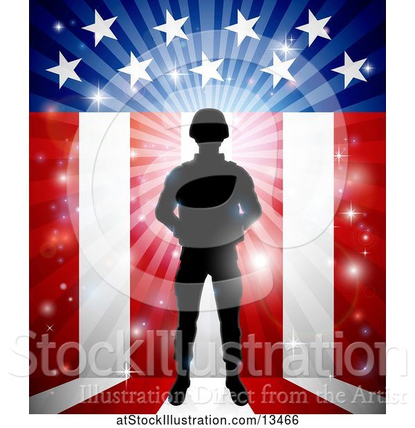 Vector Illustration of Silhouetted Full Length Male Military Veteran over an American Themed Flag and Bursts