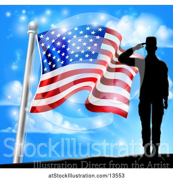 Vector Illustration of Silhouetted Full Length Male Military Veteran Saluting over an American Flag and Sky