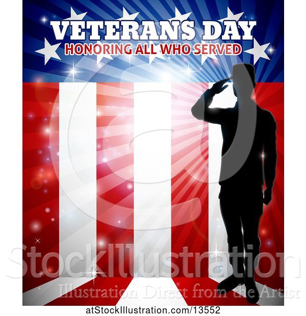 Vector Illustration of Silhouetted Full Length Male Military Veteran Saluting over an American Flag and Text