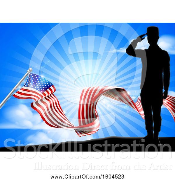Vector Illustration of Silhouetted Full Length Male Military Veteran Saluting over an American Ribbon Flag and Sky