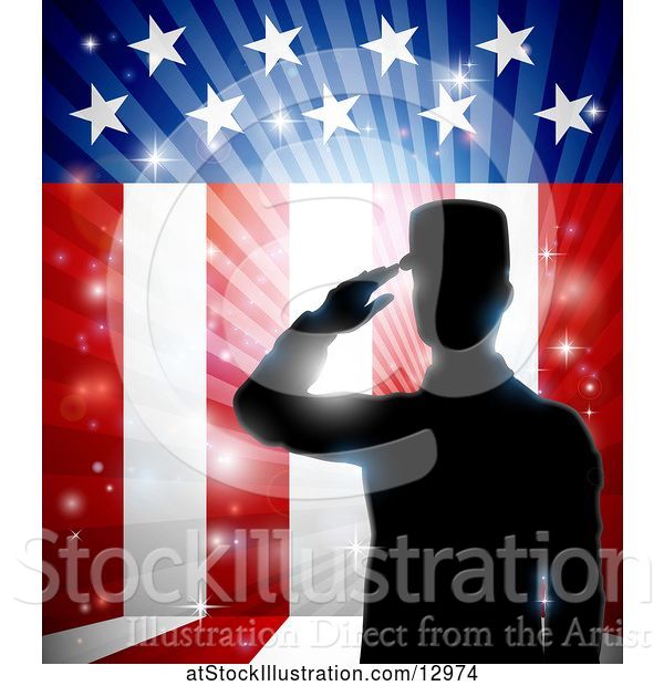 Vector Illustration of Silhouetted Full Length Male Military Veteran Saluting over an American Themed Flag and Bursts