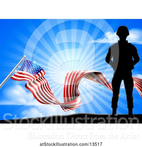 Vector Illustration of Silhouetted Full Length Military Soldier over an American Flag and Sky