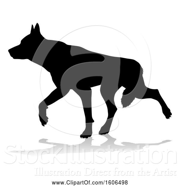 Vector Illustration of Silhouetted German Shepherd Dog, with a Reflection or Shadow, on a White Background