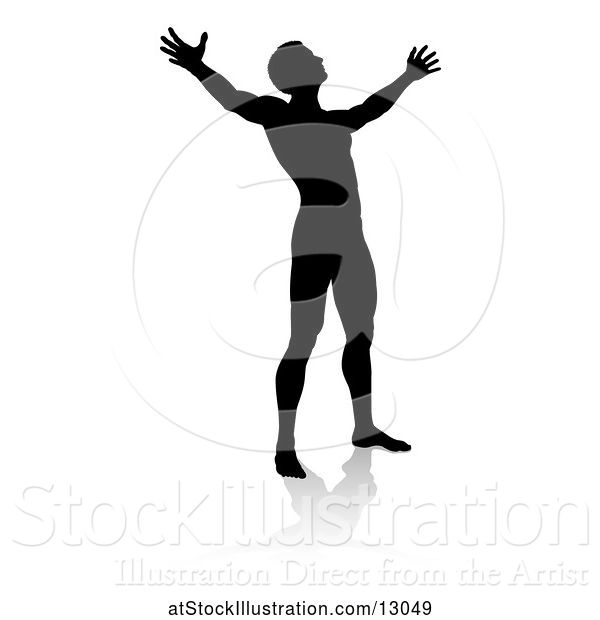 Vector Illustration of Silhouetted Guy Holding His Arms up to the Sky, with a Reflection or Shadow, on a White Background