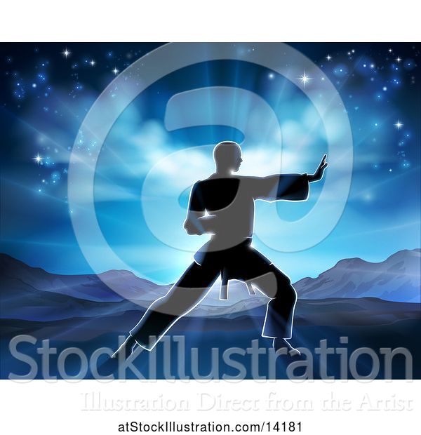 Vector Illustration of Silhouetted Guy in a Karate Pose Against a Sunrise