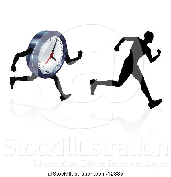 Vector Illustration of Silhouetted Guy Racing a Clock Character