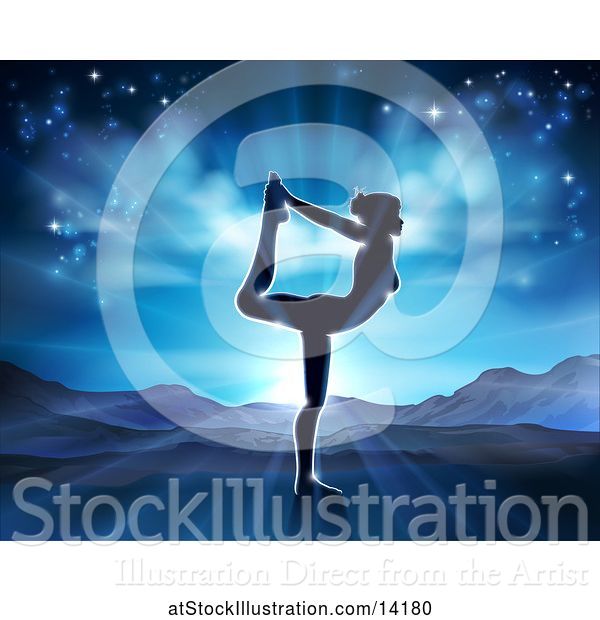 Vector Illustration of Silhouetted Lady in a Pilates Pose Against a Sunrise