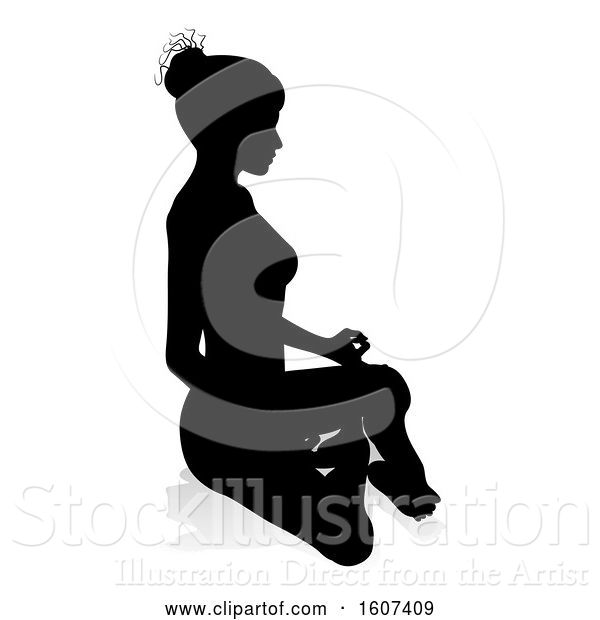 Vector Illustration of Silhouetted Lady Sitting in a Lotus Position, with a Shadow or Reflection, on a White Background