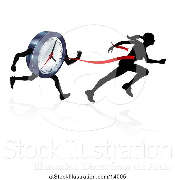 Vector Illustration of Silhouetted Lady Sprinting Through a Finish Line Before a Clock Character