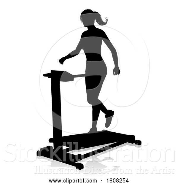 Vector Illustration of Silhouetted Lady Working out on a Treadmill, with a Shadow, on a White Background